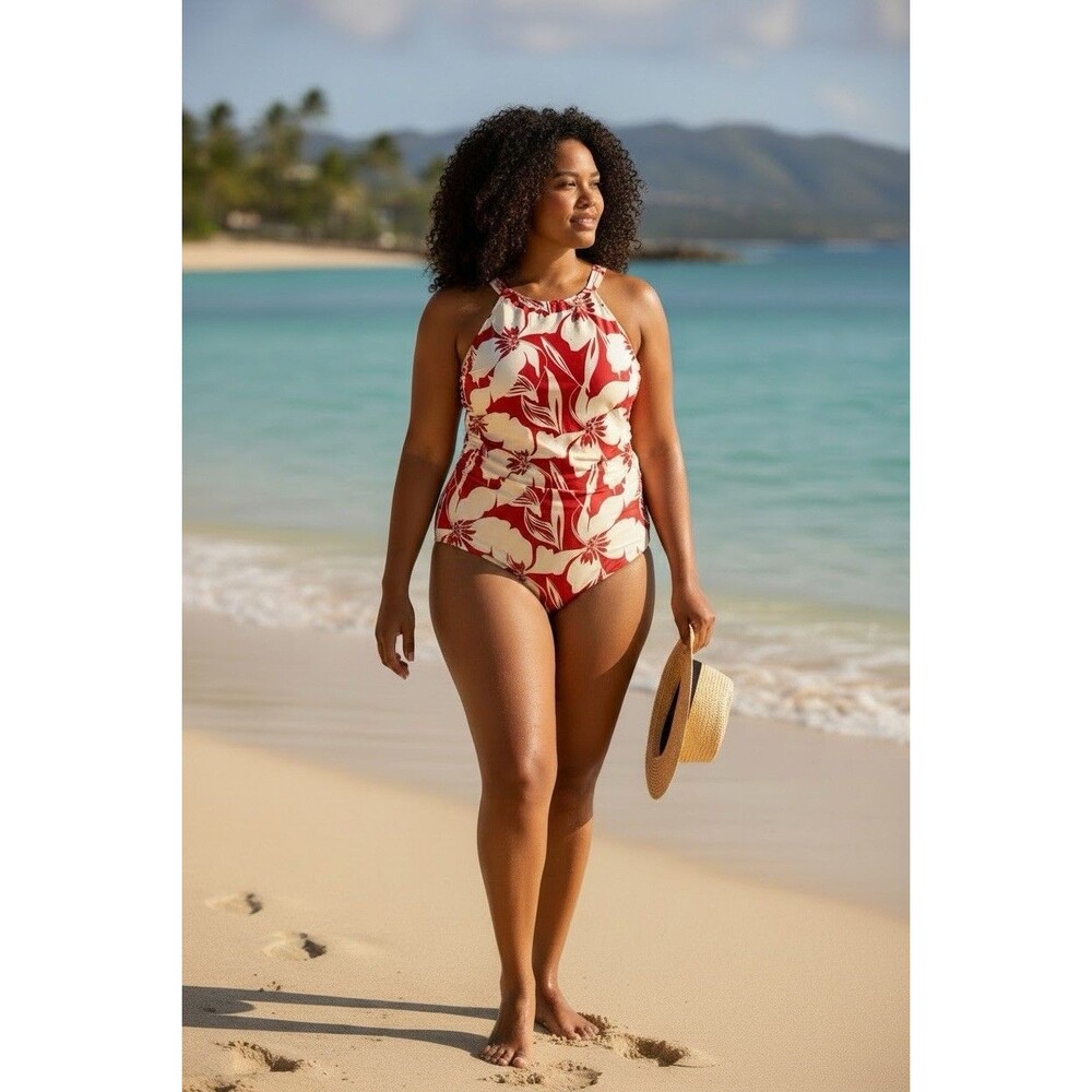 Shade & Shore Women's 16 Floral Print Red White One Piece Swimsuit NWT